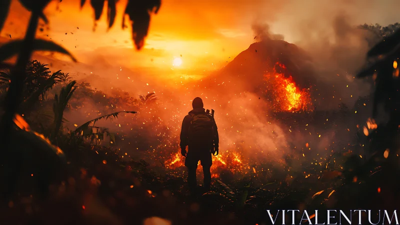 Silhouetted figure observes volcanic eruption across distance