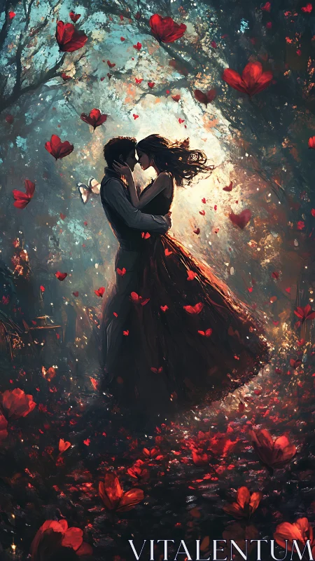 Passion in Bloom: A Romantic Moment Among Falling Red Petals