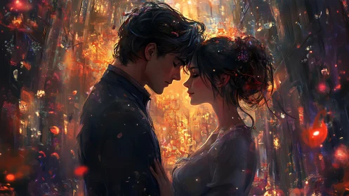 Two figures face each other against burning urban backdrop