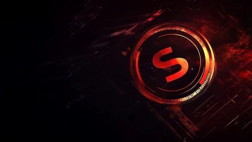 Red digital S emblem glows within circular tech frame.