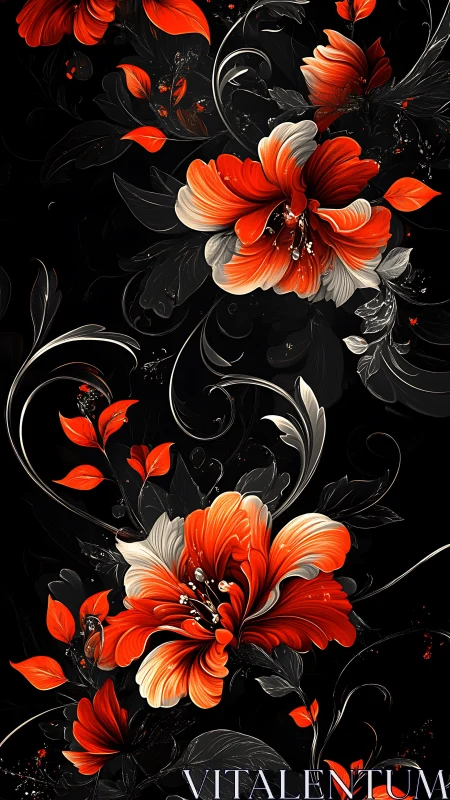 Vibrant Red Flowers Dance Against Deep Black Background