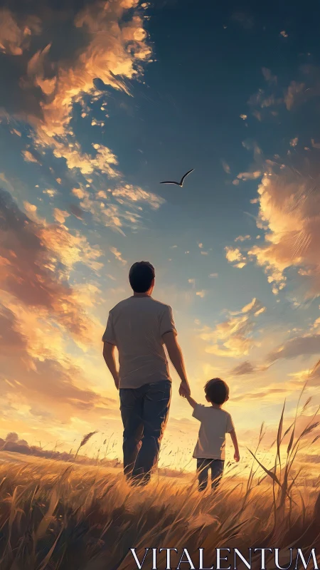 Adult and child walking in field under evening sky.