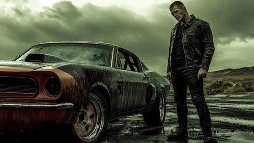 Stormy roadside pause with a brooding driver and muscle car.