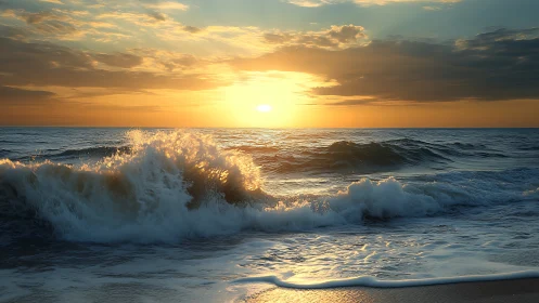 Golden sunset waves crash against a tranquil evening shoreline