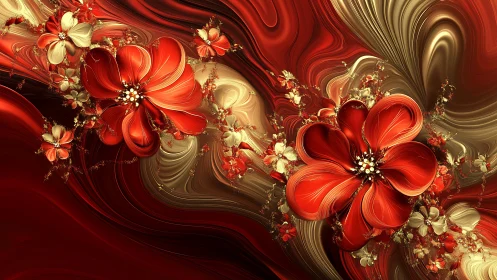 Fractal-rendered red blossoms emerge from metallic fluid swirls