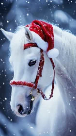 Snow-dusted white horse in red Santa tack, high contrast portrait.