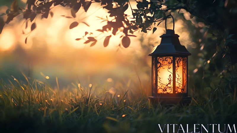 Glowing garden lantern casting warm light at sunset.