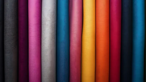 Vertical rolls of multicolored textured fabric aligned in rows.
