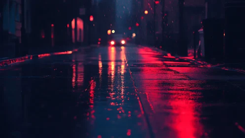 Rainy urban street with red reflections at night.
