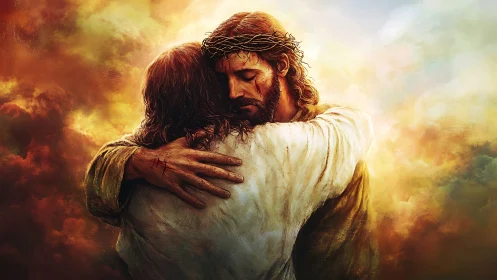 Sacred embrace amid luminous clouds with crown of thorns.