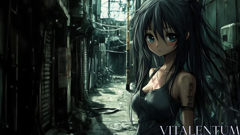 Moody anime alley portrait with dramatic wet light rendering.