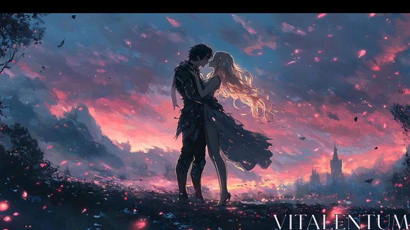 Silhouetted couple stands embracing under vivid sunset sky