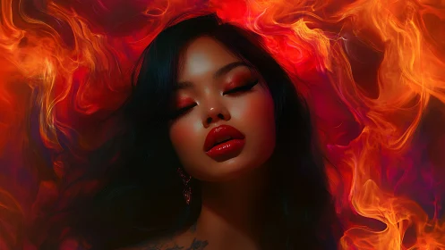 Portrait of woman surrounded by dramatic fiery flames and red light effects