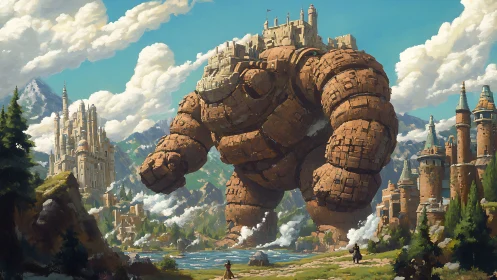 Colossal stone golem bearing fortified city strides valley