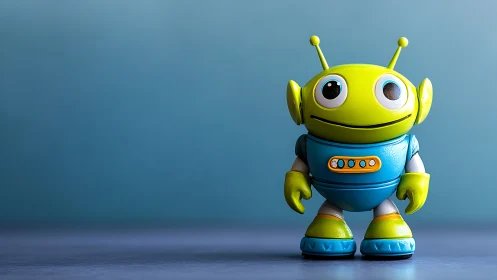 Green toy alien robot stands on soft blue studio background.