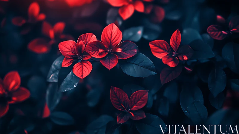 Crimson petals glow against deep teal foliage at dusk.