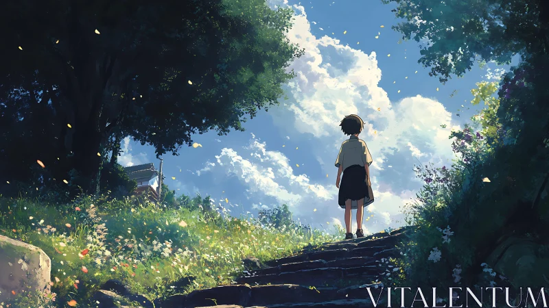 Solitary child on garden steps gazes toward luminous summer sky