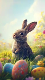 Sweet springtime bunny surrounded by colorful Easter eggs.