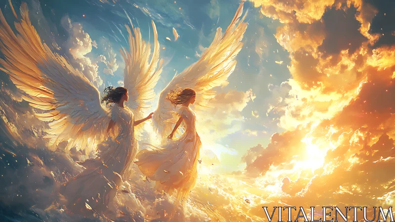 Two winged figures stand in backlit cloudscape at sunrise