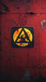 Industrial hazard emblem on decayed red metal wall.
