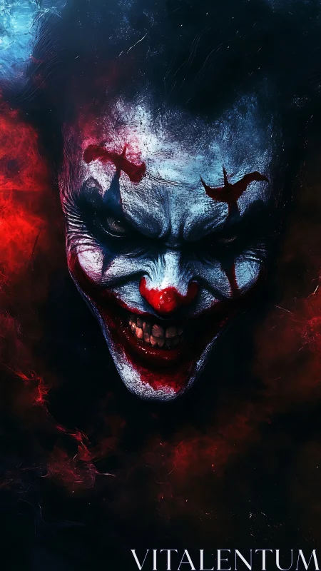 Sinister clown portrait emerges from dark red smoke