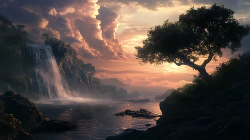 Sunset waterfall cove wrapped in soft glowing mist.