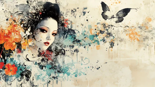 Ink-splashed geisha dream with drifting butterfly silence.