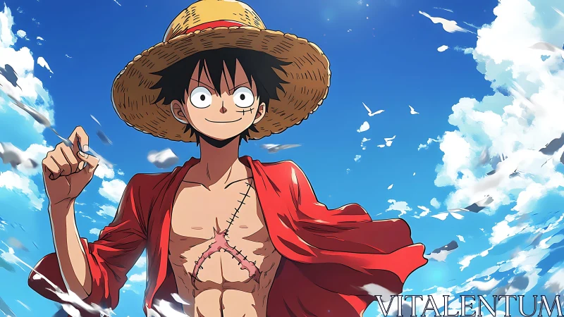 Straw hat adventurer under radiant summer sky portrait.