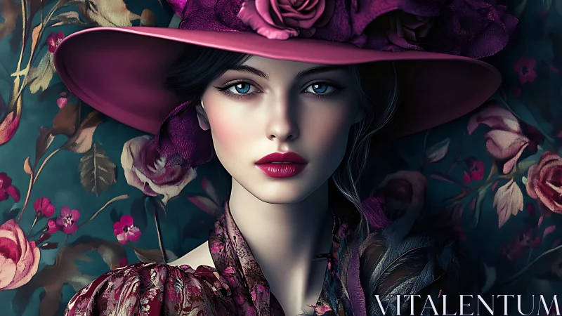 Digital portrait of woman in magenta hat with floral backdrop