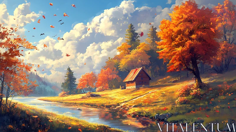 Autumn cabin by river under vivid sky with falling leaves.