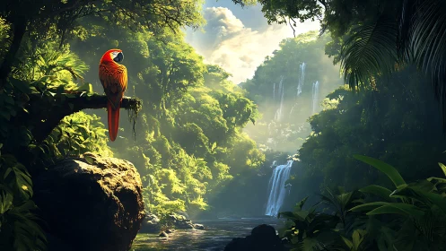 Scarlet jungle sentinel watching sunlit waterfall hush.