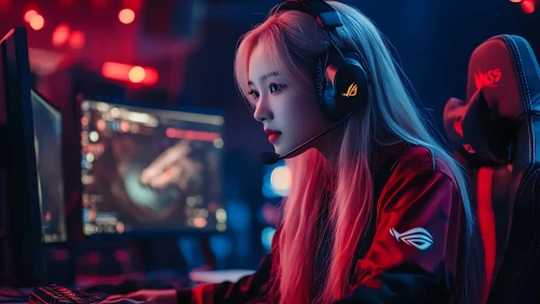 Focused gamer in neon glow leaning into an epic online world.