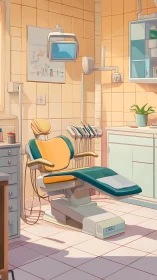 Dental treatment room with teal and ochre ergonomic chair.