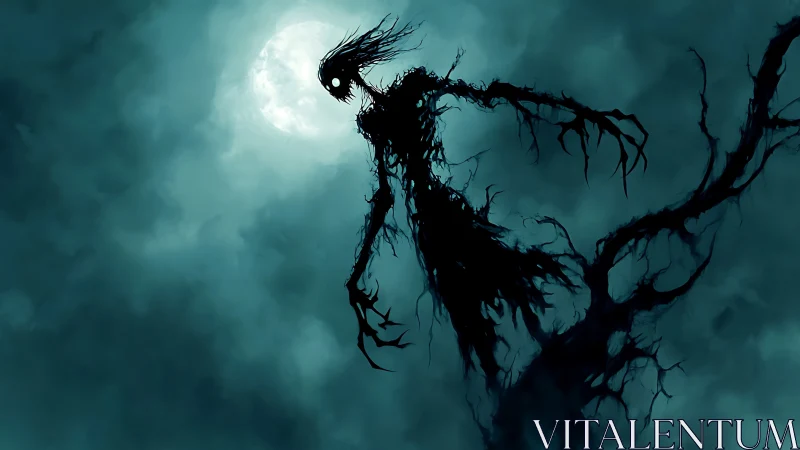 Shadowy lunar wraith with branching tendrils against sky.