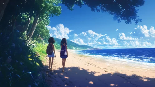 Two friends strolling a sunlit shore under bright skies.