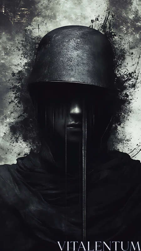 Armored shrouded figure rendered in high-contrast digital chiaroscuro