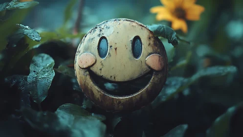 Weathered smiley face among dewy leaves at dusk.