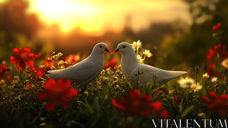 Pair of White Doves Touching Beaks Among Red and Yellow Flowers at Golden Hour