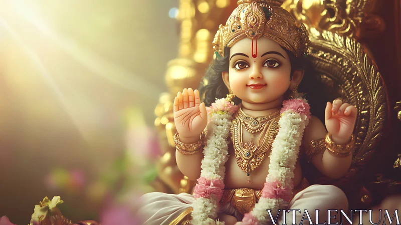 Radiant child deity sits in golden light with gentle blessing