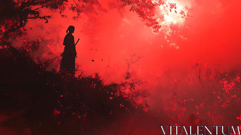 Lone samurai silhouette within blood red forest haze.