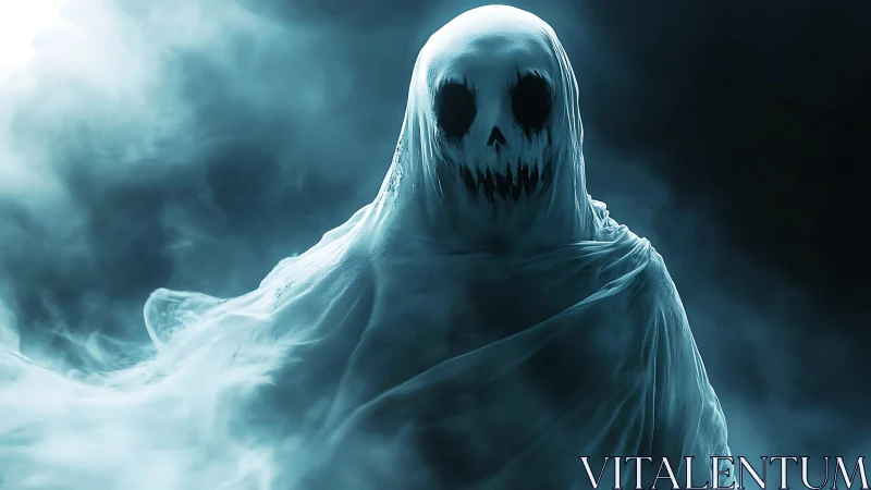 Eerie ghostly figure rises from swirling mist and shadows