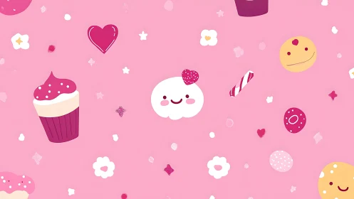 Whimsical Digital Illustration: Pastel Pink Composition with Anthropomorphic Characters.