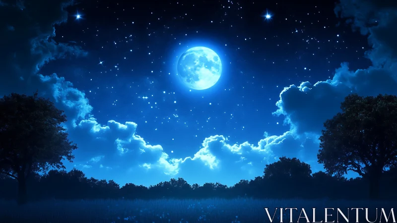 High-contrast lunar nightscape with silhouetted trees and volumetric clouds