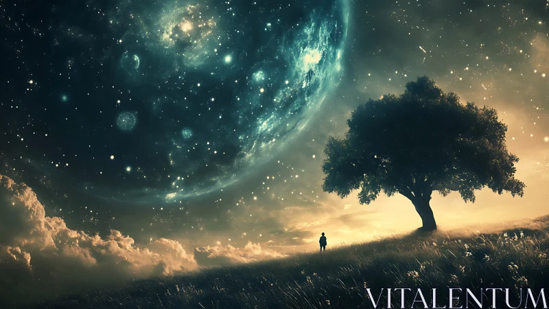 Solitary figure under vast cosmic sky and lone tree.