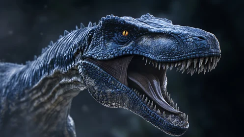 Hyperrealistic blue theropod dinosaur roar with detailed scales