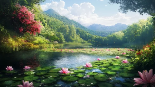 Serene mountain lily pond under luminous summer sky.