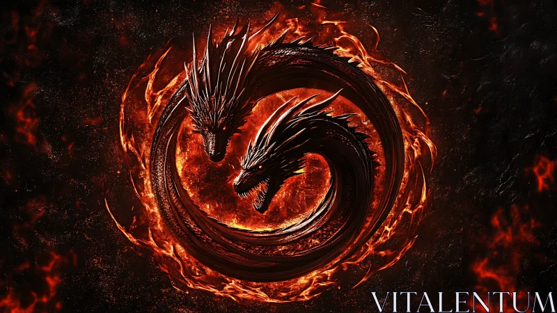 Dual-headed fire dragon emblem coils within incandescent circular vortex