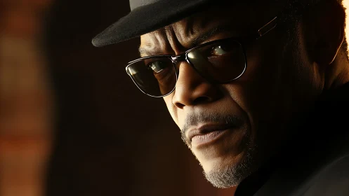 Man in glasses and hat lit from side casts intense glance
