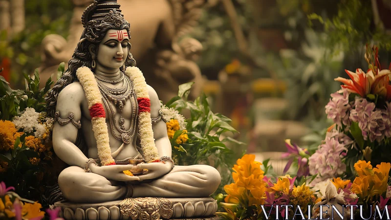 Marble Shiva statue sits in meditation amid vivid temple flowers