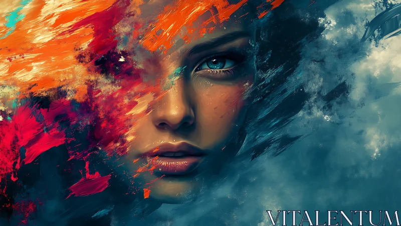 Vivid female portrait dissolves into abstract color storms.